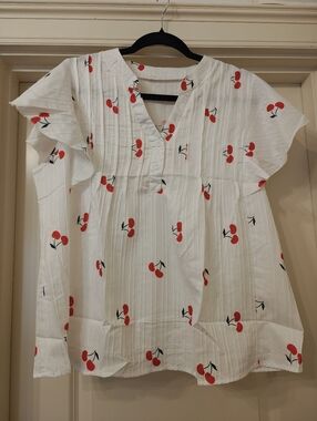 White Cherry Print Button Front Blouse